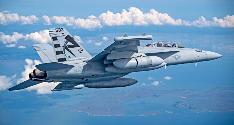 The Next Generation Jammer Mid-Band completes one of its first flights on the US Navy EA-18G Growler