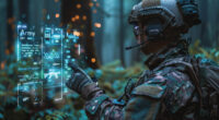 A soldier uses a handheld device to employ artificial intelligence for data analysis