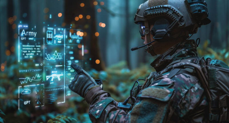 A soldier uses a handheld device to employ artificial intelligence for data analysis