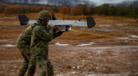 Soldiers using an unmanned aerial vehicle during Forest Light Middle Army in Aibano Training Area, Shiga, Japan