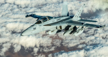 A US Navy E/A-18G Growler electronic attack aircraft