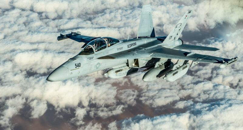 A US Navy E/A-18G Growler electronic attack aircraft