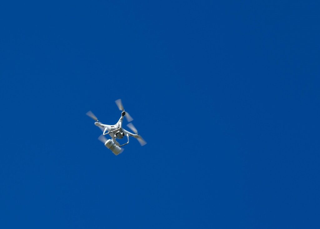 A drone simulates dropping a payload onto an improvised explosive device at Minot Air Force Base, North Dakota