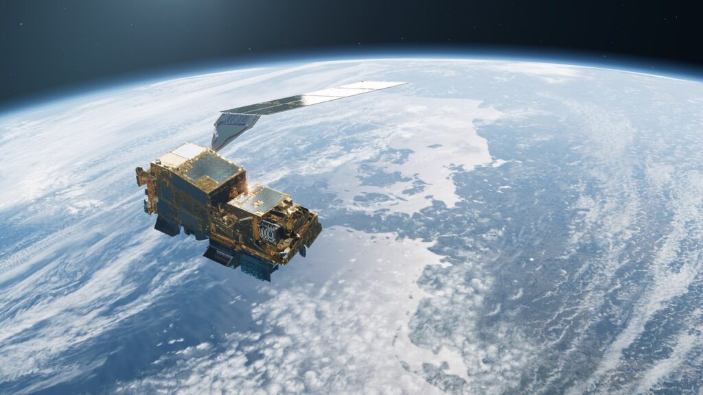 Artist's rendering of a satellite in space.