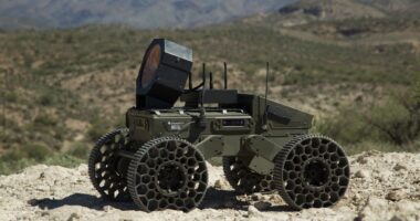 A FireAnt robot sits on a dirt field, surrounded by loose soil and small pebbles under a clear blue sky.