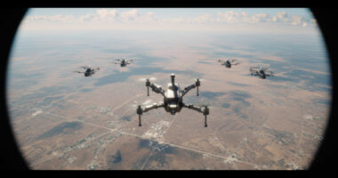 A group of five tactical drones flying in a swarm formation over a desert landscape, viewed through a circular lens or headset interface.
