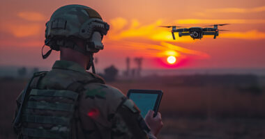 A soldier operates a small quadcopter at sunset using a handheld controller, conducting signals intelligence work as the drone hovers against the orange sky.