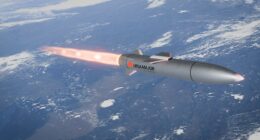 3D rendering of an Ursa Major hypersonic missile in high-altitude flight above Earth, illustrating advanced propulsion and air defense penetration capabilities.