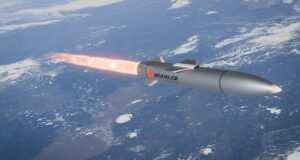 3D rendering of an Ursa Major hypersonic missile in high-altitude flight above Earth, illustrating advanced propulsion and air defense penetration capabilities.