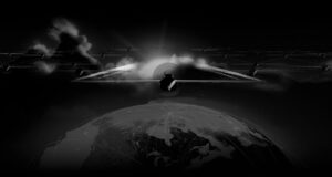 Dark cinematic render of a large-scale unmanned drone swarm formation flying above Earth, with global connectivity lines suggesting networked autonomous operations