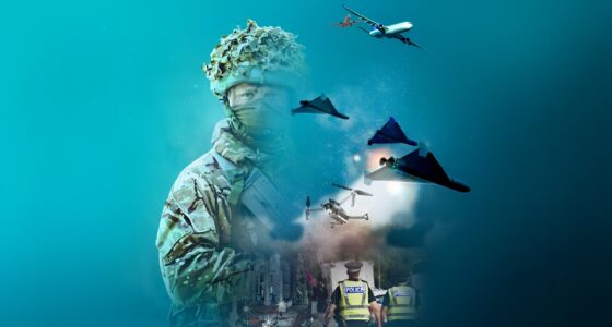 Digital composite depicting a counter-UAS and drone defense scenario with a camouflaged soldier, multiple unmanned aerial vehicles, police officers on a city street, and a commercial airliner in a teal-toned graphic.