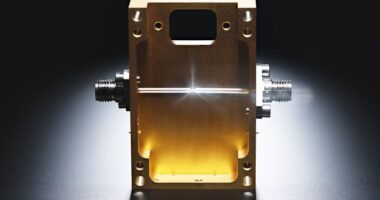 Gold-toned microelectronic component used in diamond-based semiconductor research, part of Northrop’s effort to power advanced microchips.