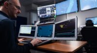 Thales technician operating a tri-screen laptop workstation displaying maritime surveillance, tracking, and tactical data feeds in a dimly lit defense operations center