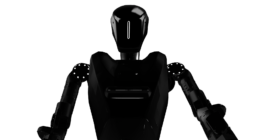 Cinematic render of a humanoid robot with a glowing visor and LED shoulder joints against a black background