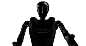 Cinematic render of a humanoid robot with a glowing visor and LED shoulder joints against a black background