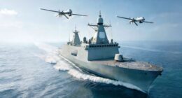 Digital render of a stealth-hulled European frigate underway with two surveillance drones overhead, representing Indra's 4D multiband radar development program