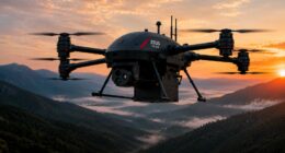 The EKOLOT Aerospace ZEUS PHOENIX PX-100 hybrid multi-rotor VTOL UAV hovering above a misty mountain valley at sunset, equipped with a nose-mounted EO/IR gimbal and an under-fuselage cargo box for touchless payload delivery.
