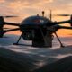 The EKOLOT Aerospace ZEUS PHOENIX PX-100 hybrid multi-rotor VTOL UAV hovering above a misty mountain valley at sunset, equipped with a nose-mounted EO/IR gimbal and an under-fuselage cargo box for touchless payload delivery.
